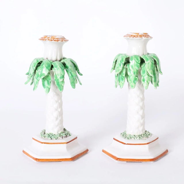 Mid 20th Century Pair of Italian Porcelain Palm Tree Candlesticks For Sale - Image 5 of 5