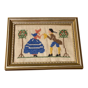 Mid 20th Century Framed Woven Sampler Hand Cross-Stitched Textile Needlework Artwork