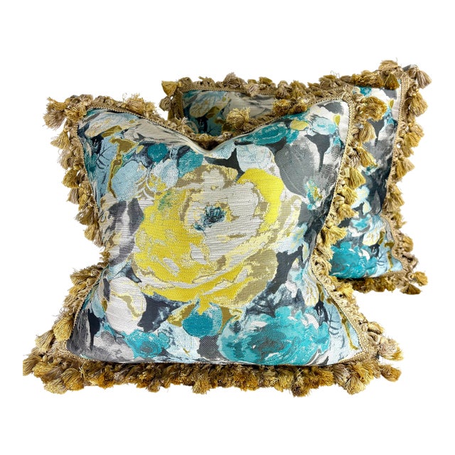 Robert Allen Vibrant Tasseled Floral Silk Pillows/Pair For Sale