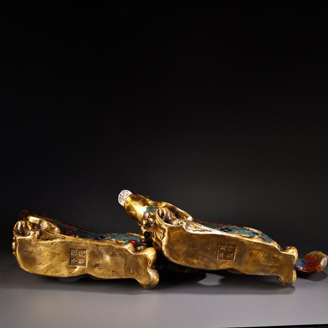 Late 19th Century Pair of Cloisonné Enamel Gilt Bronze Fish Figures, 5800g Total, Qianlong Mark For Sale In Los Angeles - Image 6 of 10