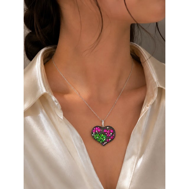 Art Deco Late 20th Century 18K Black White Gold Diamond with Red Green Sapphires Heart Pendant For Sale - Image 3 of 3