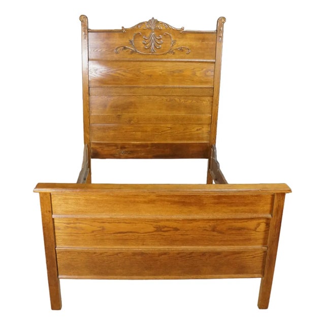 Antique 19th C. American Victorian Carved Golden Oak Paneled High Back Bed Frame For Sale