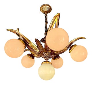 French Art Deco Gilt Bronze and Glass Starburst Chandelier, 1930 For Sale