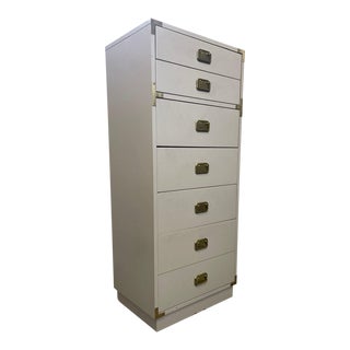 1970s Vintage Hollywood Regency White and Gold Campaign Style Dresser Cabinet For Sale