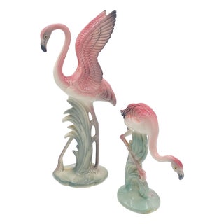 1950s Mid-Century Pink & Green Flamingo Ceramic Tabletop Sculpture Pair by Brad Keeler, 2 Pieces For Sale