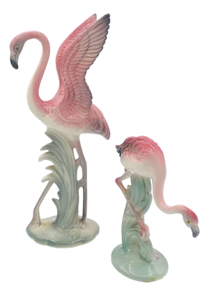 1950s Mid-Century Pink & Green Flamingo Ceramic Tabletop Sculpture Pair by Brad Keeler, 2 Pieces