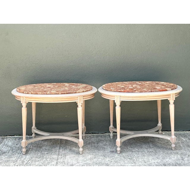 Vintage Stone Top Carved Oval Side Tables - A Pair For Sale In West Palm - Image 6 of 12