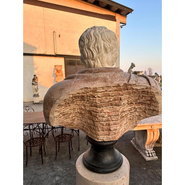 Introducing an impressive Italian Marble Bust of an Emperor, exquisitely carved from colorful marbles sourced from Italian...
