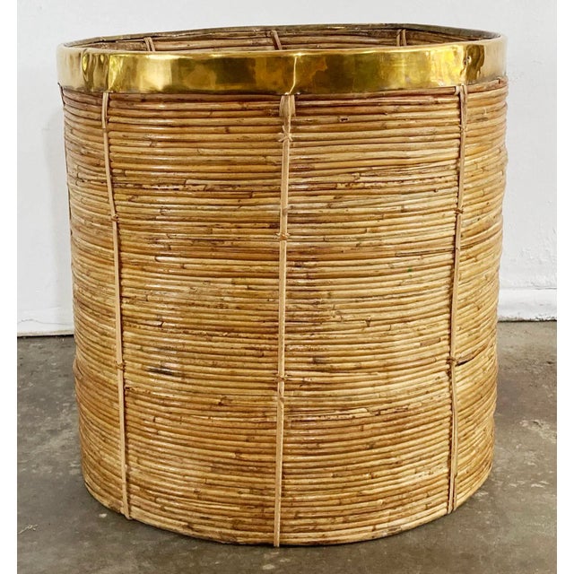 Mid-Century Modern Vintage Oversized Gabriella Crespi Style Coiled Rattan Basket With Brass Trim For Sale - Image 3 of 8