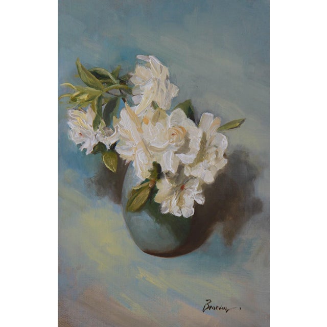 Gardenia on Her Side by Linda Tracey Brandon | Oil Painting of a white gardenia flower and leaves For Sale