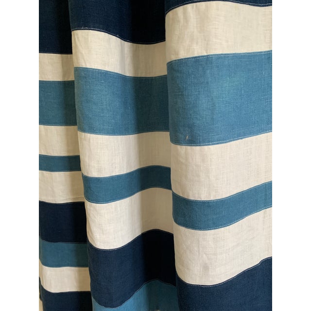 Patchwork Stripe Linen Window Panel — Natural Indigo Japanese Dyed For Sale - Image 4 of 12