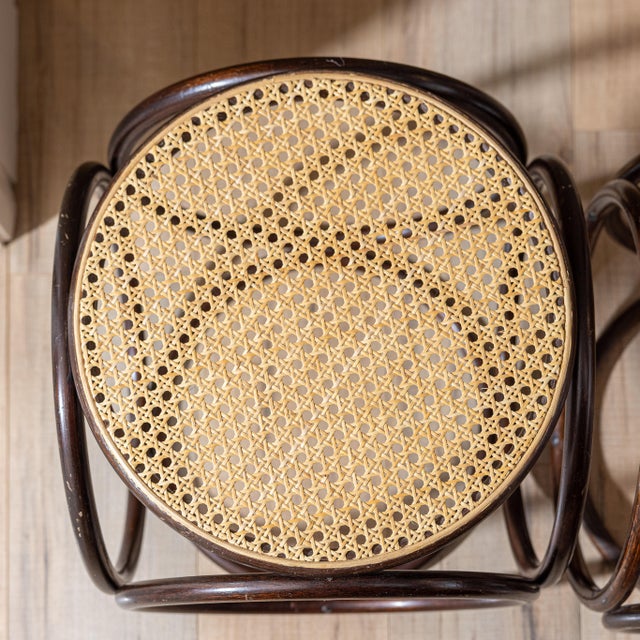 Mid-Century Modern Pair of Vintage Modernist Bent Rattan & Cane Stools / Side Tables, 1970s For Sale - Image 3 of 11