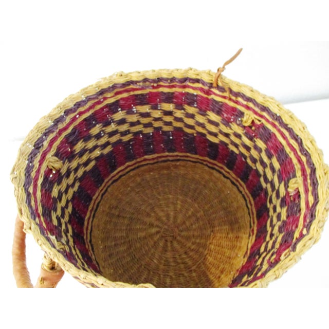 African Hand-Woven Leather Handled Market Basket For Sale - Image 4 of 5