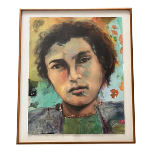 1980s Timothy Harney Mixed Media Collage Portrait of Tim Buckley, Signed and Framed