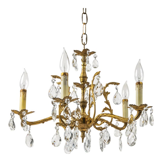 Vintage Brass and Crystal Chandelier Petite 5 Arm Made in Spain For Sale
