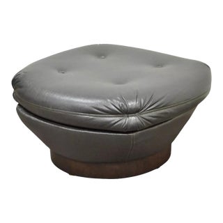 Late 20th Century Vintage Mid Century Modern Tufted Brown Vinyl Walnut Chair Ottoman Footstool For Sale