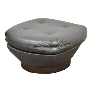 Late 20th Century Vintage Mid Century Modern Tufted Brown Vinyl Walnut Chair Ottoman Footstool