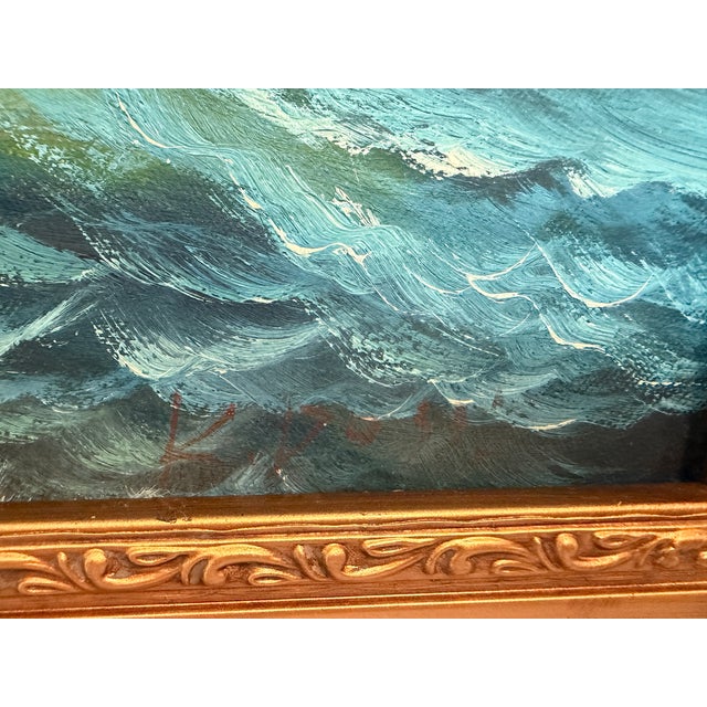Blue Sailing Ship Oil Painting Seascape Nautical Wall Art Framed Ocean Artwork For Sale - Image 8 of 9