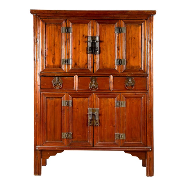 Chinese Qing Dynasty 19th Century Accordion Doors Cabinet with Three Drawers For Sale