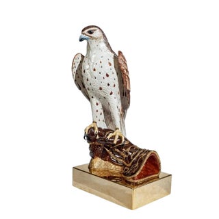 Italian Hand-Painted Porcelain Saker Falcon Sculpture on Brass Base For Sale