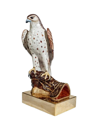 Italian Hand-Painted Porcelain Saker Falcon Sculpture on Brass Base