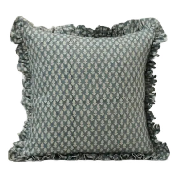 Fabdivine Ethnic Block Print Fril Cushion Cover Gray 20x20 Inch Pure Linen- Haryali For Sale
