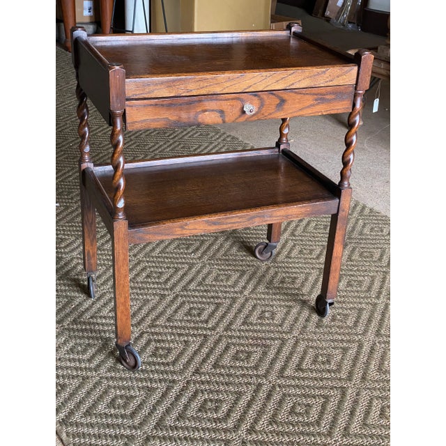 Early 20th Century Antique English Tea Trolley Drinks Cart Oak Barley Twist For Sale - Image 5 of 13