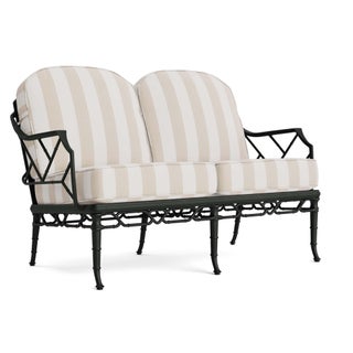 Brown Jordan Calcutta Loveseat in Black Jade with Sand Stripe Cushions For Sale