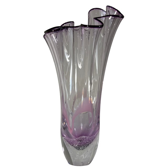 Glass 11 3/4 In. Vintage 24 % Lead Crystal Amethyst Purple Art Glass Handkerchief Ruffle Vase For Sale - Image 7 of 17