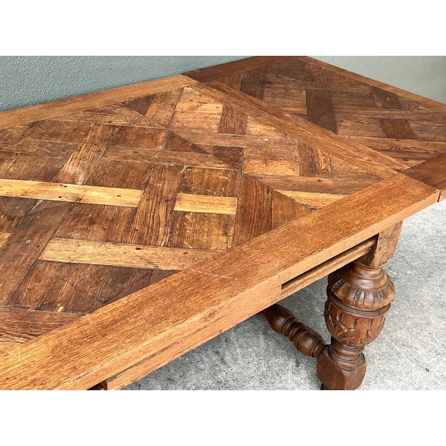 Vintage Spanish Carved Wood Parquet Extendable Dining Table For Sale In West Palm - Image 6 of 13