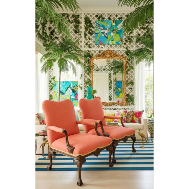 Vintage Custom Upholstered Walnut Queen Anne Legs Salmon Leopard Chatruese Trim Side Chairs- a Pair For Sale - Image 12 of 12