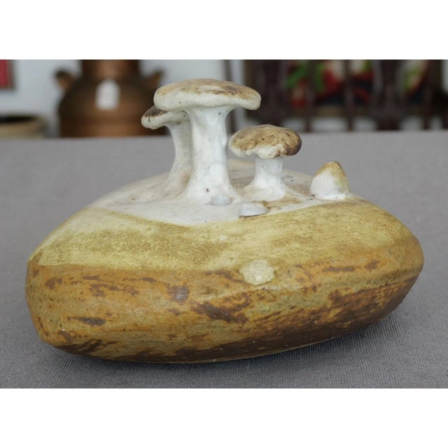 1970s Vintage Circa 1970 Contemporary Style Stoneware Art Pottery Mushrooms on Rock Weed Pot Vessel For Sale - Image 5 of 6