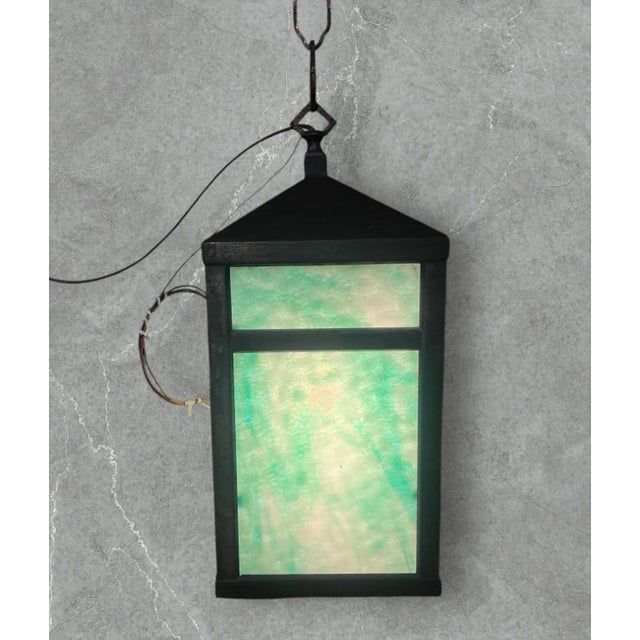 1920s 1920s Mission Pendant Light With Green Slag Glass For Sale - Image 5 of 6