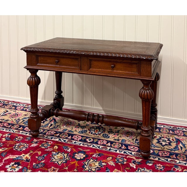 French Antique French Henri II Style Writing Desk Table Drawers Oak C. 1930s For Sale - Image 3 of 18