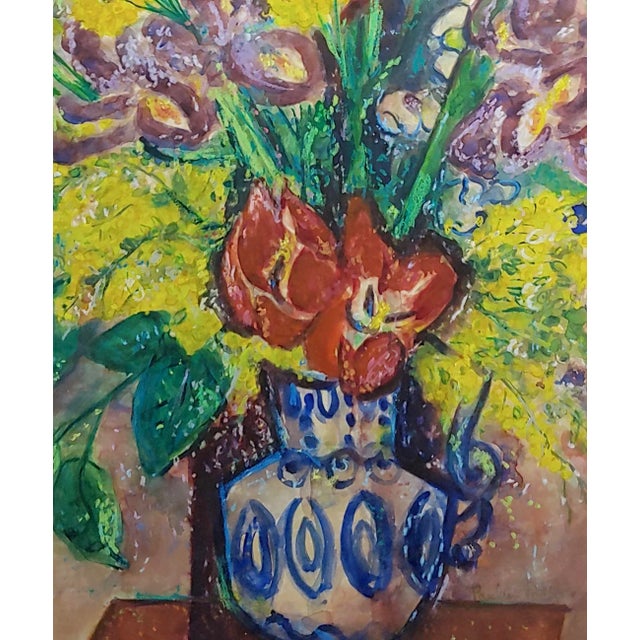 Pauline Polk -Still Life of Red & Yellow Flowers in a Blue Vase- Painting For Sale - Image 4 of 11