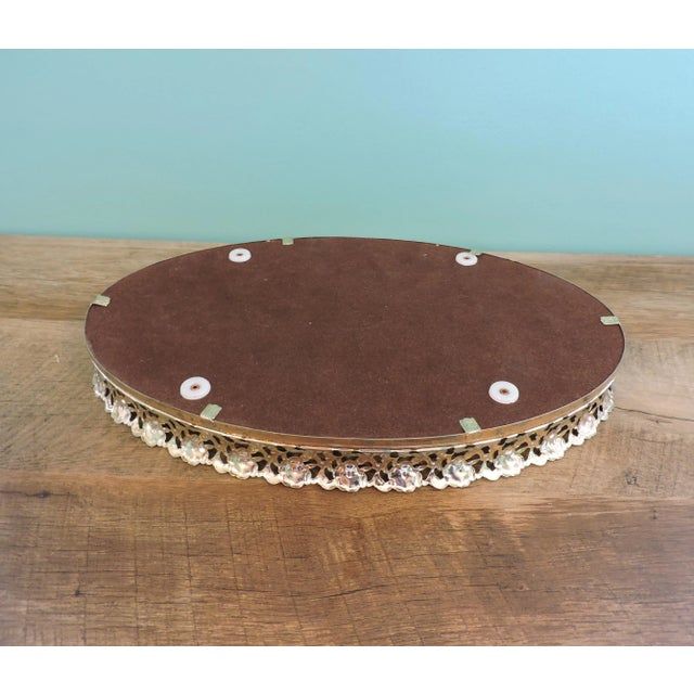 Vintage Metal Filigree Large Oval Mirror Vanity Tray Brass Finish For Sale - Image 16 of 18