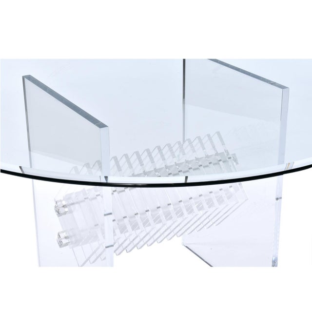 Transparent Clear Lucite Acrylic Pedestal Dining Table With Round Glass and Prism Center For Sale - Image 8 of 14