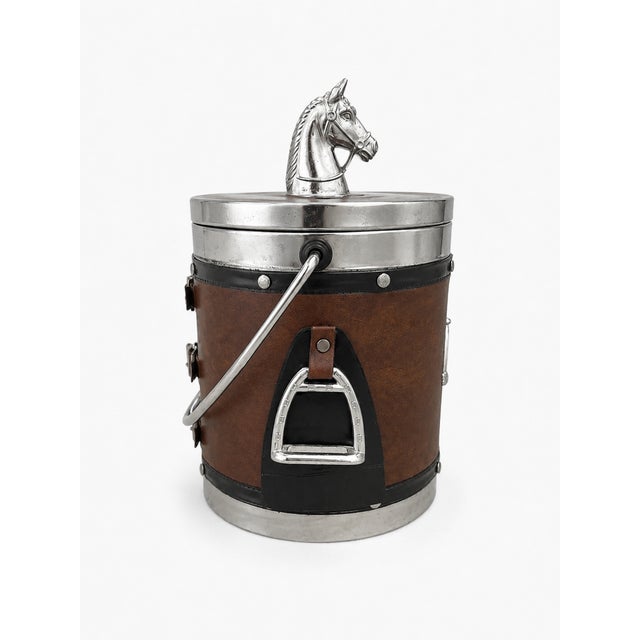 English Equestrian Horse Ice Bucket in Dark Brown Faux Leather, 1970s For Sale - Image 3 of 8