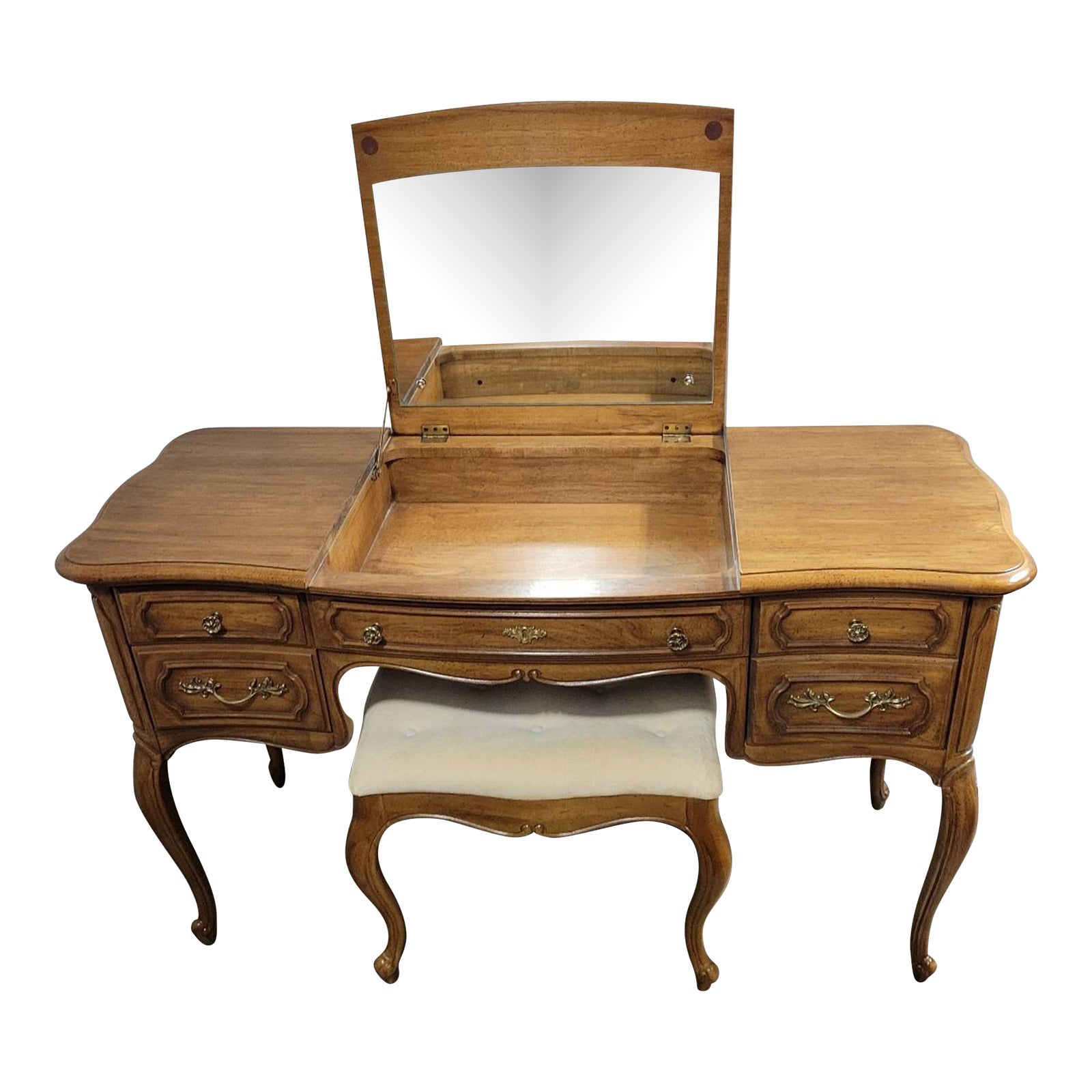 Vintage Thomasville Pecan French Provincial Country Vanity With Mirror