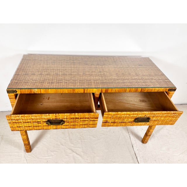 Vintage Woven Caning Wrapped Rattan Campaign Console Table Desk For Sale - Image 11 of 12
