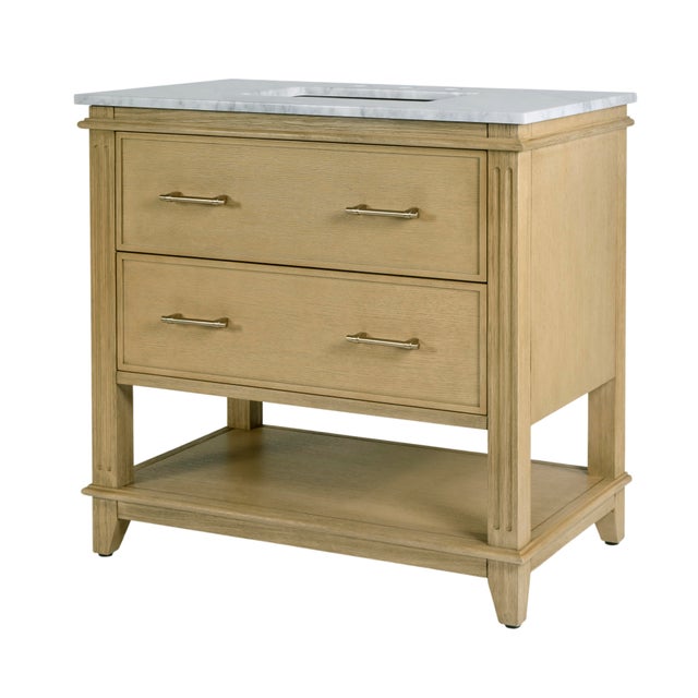 Mid-Century Modern Lois 36 in. W Wood & Marble Single Sink Bathroom Vanity, Light Oak Wire Brushed For Sale - Image 3 of 11