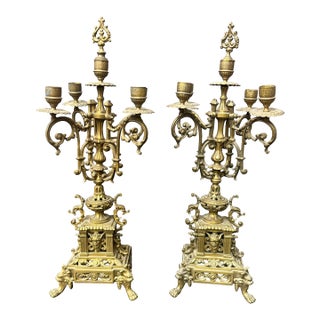19th Century French Baroque Style Cast Brass 5-Light Candelabras - A Pair For Sale