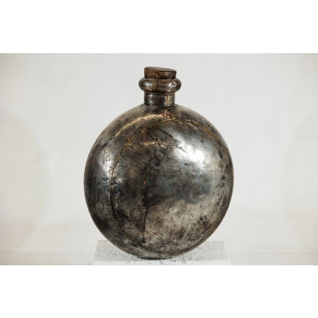 Vintage Indian Metal Water Vessel with Circular Body and Wooden Cork Top For Sale - Image 11 of 12