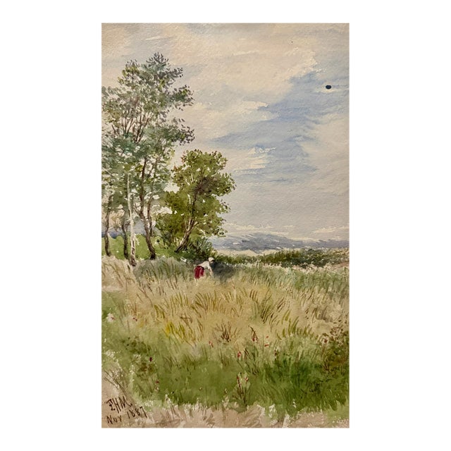 Frank Henry Mason Signed 1887 Figurative Meadow Landscape Original Watercolor For Sale