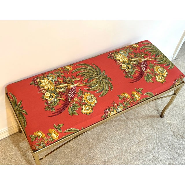 Coral Pheasant-Print Upholstered Brass-Leg Bench For Sale - Image 4 of 4