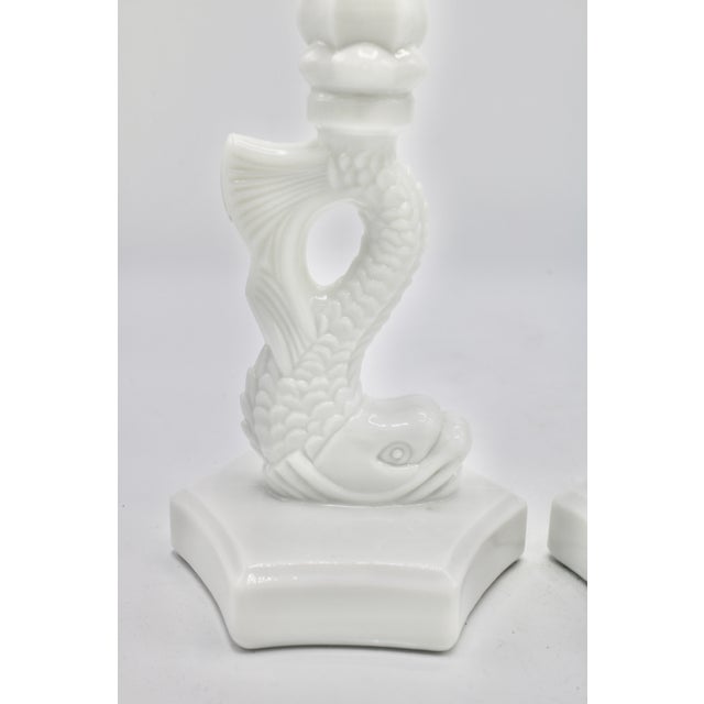 Vintage Coastal White Milk Glass Dolphin Form Candlesticks For Sale - Image 4 of 10