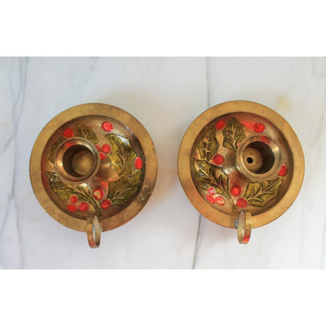 Vintage Enameled Brass Candlestick Holders For Sale - Image 4 of 7