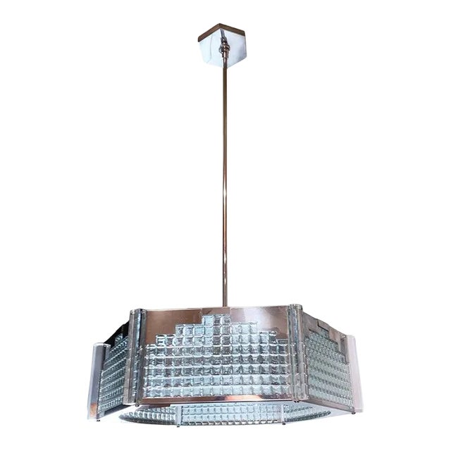 1970s Frederick Raymond Chromed Steel, Art Glass & Lucite Postmodern Pendant Fixture For Sale
