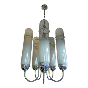 Chandelier Murano Glass Tubes and Metal Chrome. Italy, 1970s