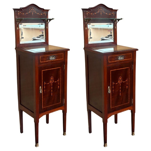 1900s, Art Nouveau Pair of Walnut Nightstands with Crest and Glass Shelve For Sale - Image 15 of 18